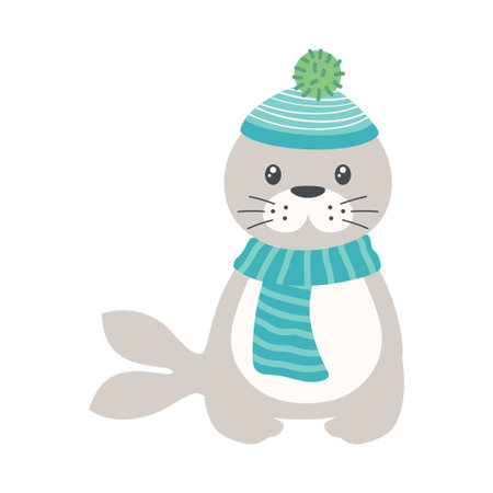 winter illustration with cute baby seal in warm scarf and hat isolated on white background, cute cartoon animalのイラスト素材