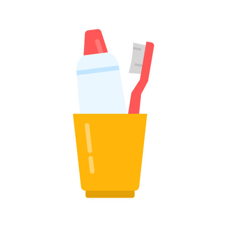 Toothpaste and toothbrush in glass. Clean your teeth with toothbrush and toothpaste. Vector illustration isolated on white background.のイラスト素材