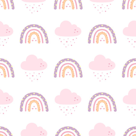 seamless vector pattern with rainbows and clouds, trendy baby texture, flat styleのイラスト素材