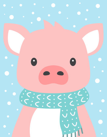 happy new year card, funny piglet on snow background, holiday vector illustration in cartoon style, pig chinese zodiac symbol of yearのイラスト素材