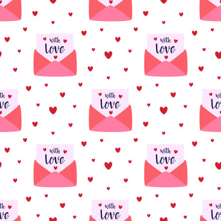 vector cute seamless pattern of envelopes and hearts, mail on white background, illustration in cartoon style, valentines day design for print and textile, wallpaper, wrapping paperのイラスト素材