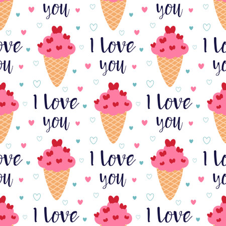 simple flat style, ice cream vector seamless pattern, ice cream waffle cones background, sweet dessert, cartoon style, festive wallpaperのイラスト素材
