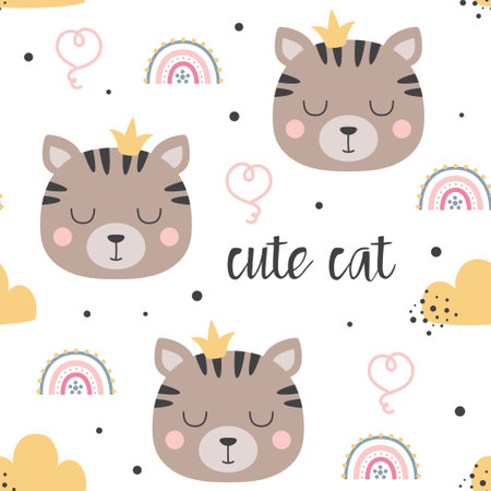 cute seamless pattern with pretty kittens, great for baby fabric, textile, wallpaper, kids cartoon vector background, flat styleのイラスト素材