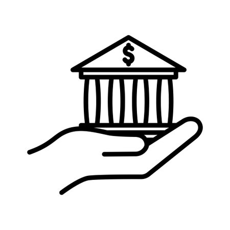 Hand hold bank building. Money management system, banking service. Pictogram isolated on a white background.のイラスト素材