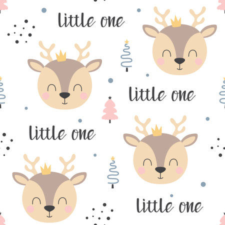 seamless childish pattern with cute deer and christmas trees, creative kids texture for fabric, wrapping, textile, wallpaper, apparel, vector illustration in flat styleのイラスト素材