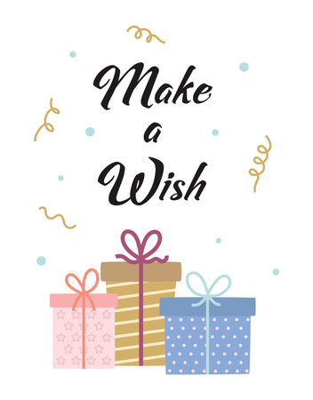 Illustration for greeting card of colored gifts and text make a wish, vector illustration in flat style - Royalty Free Image