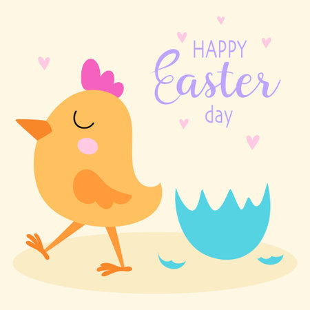 vector illustration of cute chicken isolated on beige background, chick in flat style, easter greeting cardのイラスト素材