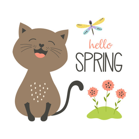cartoon cute card with cute cat and flowers, spring character on white background, seasonal vector illustration in flat styleのイラスト素材