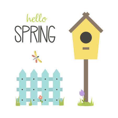 spring greeting card of cute birdhouse, fence, flowers and dragonfly, colored vector illustration, flat styleのイラスト素材