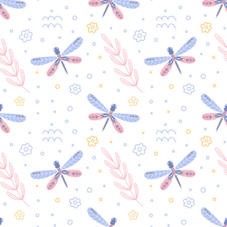 colorful seamless pattern with insects and flowers, summer floral repeat background for fabrics and...