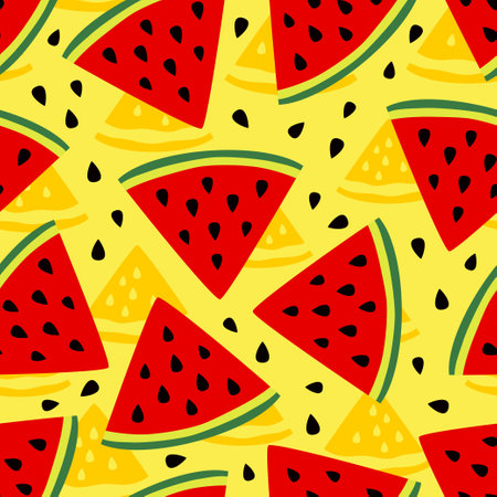 seamless pattern with pieces of watermelon on yellow background, summer time vector illustrationのイラスト素材