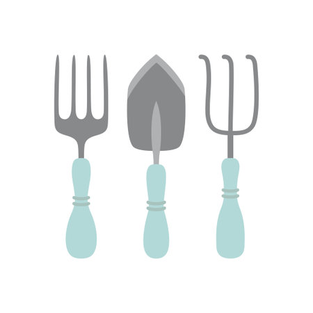 gardening tools set isolated on white background, garden shovel, fork and rake in flat style, vector illustration of farming equipmentのイラスト素材