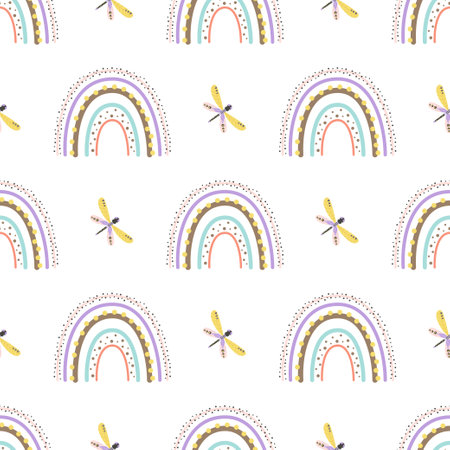 scandinavian seamless pattern with rainbows and dragonflies, cute texture, modern ornament in vector, perfect for fabric or childish design, flat designのイラスト素材