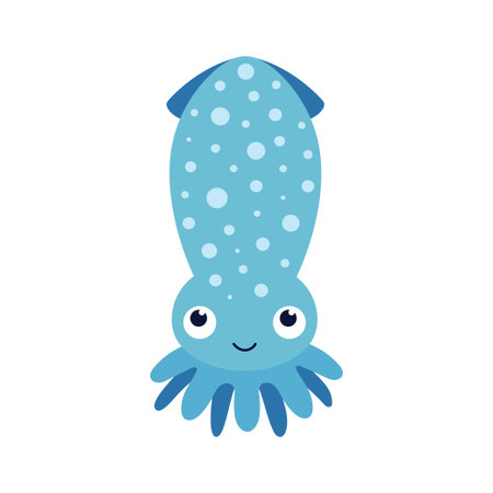 vector illustration with blue squid character isolated on white background, sea animal in cartoon childish styleのイラスト素材