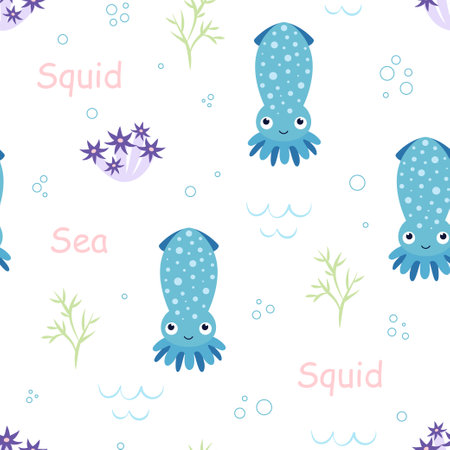 seamless pattern with cute squid, bubbles and seaweed, cartoon vector illustration, flat styleのイラスト素材