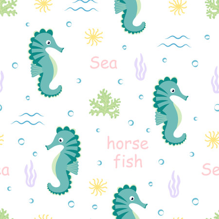 cartoon seamless pattern with cute underwater green seahorses, vector illustration in flat styleのイラスト素材