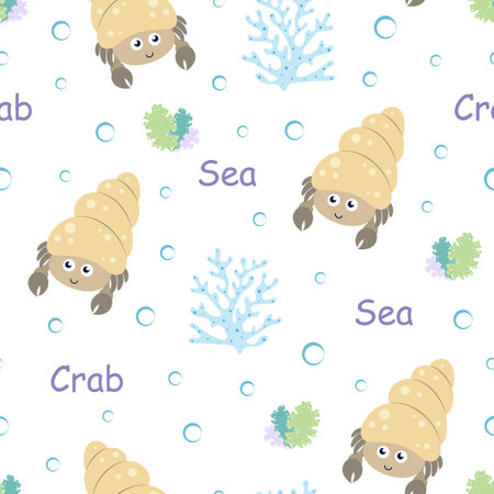 cartoon seamless pattern with cute hermit crab, design for children's textiles, background image for packaging materials, flat styleのイラスト素材