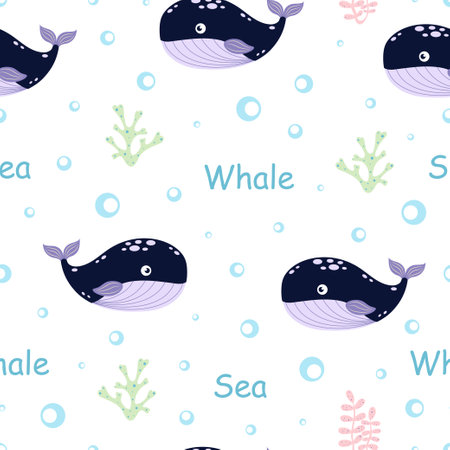 seamless pattern with whales under sea, underwater animal background, vector illustration with mammals surrounded by seaweed and algaeのイラスト素材