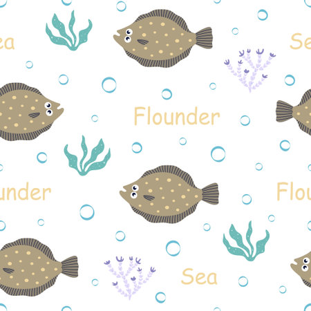 seamless pattern with flounder in aquatic habitat, sea fish illustration in flat design, background of fish for packaging, textiles, wallpapersのイラスト素材