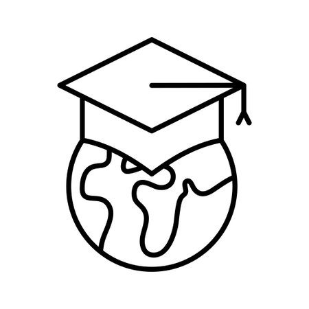 International education icon, Earth in graduate hat, world globe university, academy online learn, global distance education. vector illustration.のイラスト素材