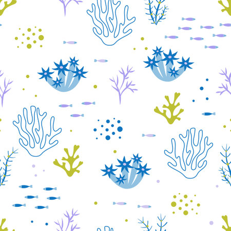 vector seamless pattern with underwater ocean coral reef plants, aquatic seaweeds, tropical marine algae, sea wildlife, endless backgroundのイラスト素材