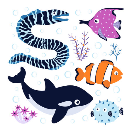 cartoon sea animals set, cute funny blowfish, killer whale, clownfish, moray eel, butterfly fish and seaweed, vector flat illustrationのイラスト素材