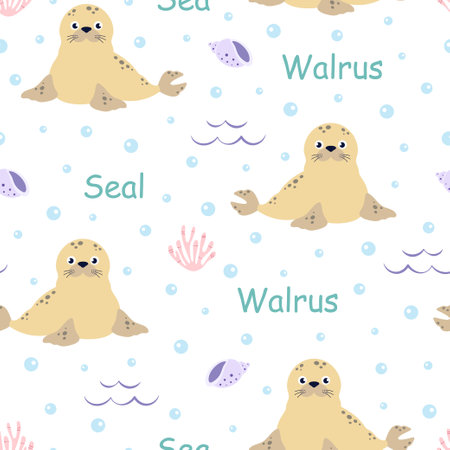 childish seamless pattern with arctic ocean animals on white background, vector illustration of cute cartoon seal or walrusのイラスト素材