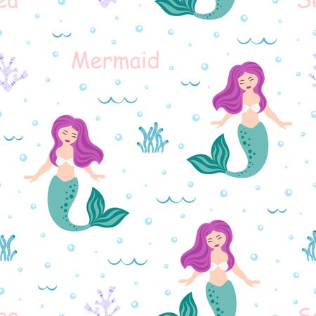 creative seamless pattern with cute mermaid, seaweed and lettering, cartoon undersea childish texture, great for fabric, textile or wallpaper, flat vector Illustrationのイラスト素材