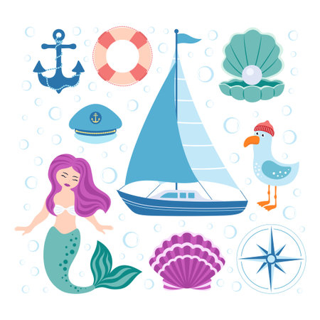 vector set of cute nautical elements, cartoon mermaid character, ship, seagull, shells, marine hat and lifebuoy isolated on white background, summer adventure conceptのイラスト素材