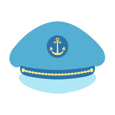 vector illustration of captain cap with golden badge anchor isolated on white background, flat design, marine hat in cartoon styleのイラスト素材