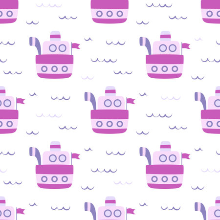 seamless pattern with ships, sea transport in cartoon style, cute marine wallpaper for textile, fabric, childish print, flat vector illustrationのイラスト素材