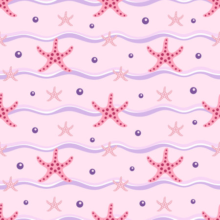 seamless vector pattern with cute different starfish on waves background, maritime print for packaging, wrapping paper, banner, textile, wallpaper, simple designのイラスト素材