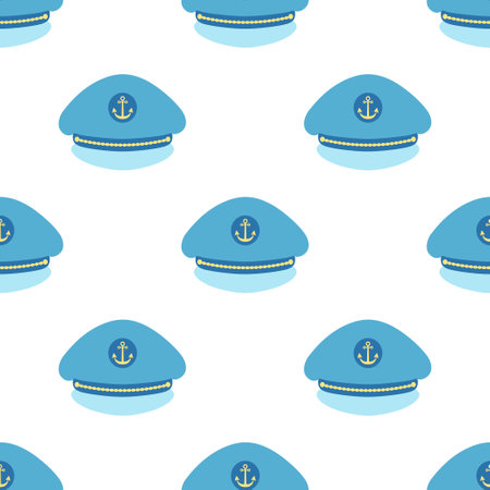 vector seamless pattern with cartoon marine hat, officer cap wallpaper on white background, texture repeat, flat simple designのイラスト素材