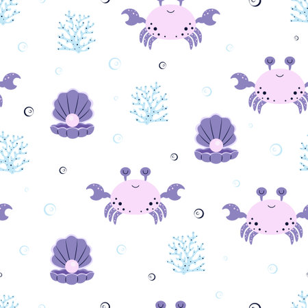 seamless pattern with undersea inhabitants, creative childish background with crabs, seaweed and shells, perfect for kids apparel, fabric, textile, nursery decoration, wrapping paperのイラスト素材