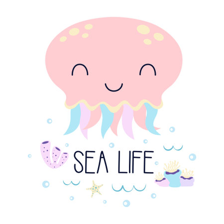 cute jellyfish, vector marine illustration with cartoon sea animal and seaweed, baby printのイラスト素材