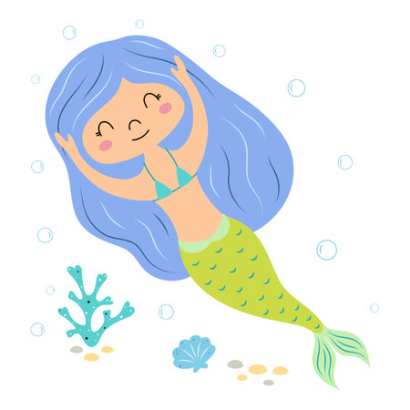 happy mermaid girl swimming underwater with sea shell and coral, fictional marine creature, sea and ocean life concept, cartoon flat vector illustrationのイラスト素材