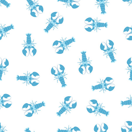 blue lobster seamless print, vector template for textile, fabric, marine creative pattern of crayfishes on white backgroundのイラスト素材