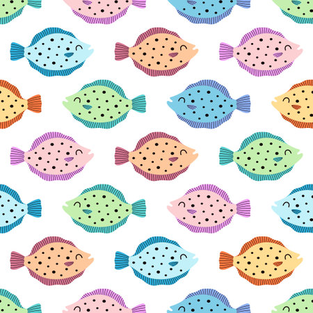 seamless pattern with cute colorful fish, simple flat vector illustration, cartoon underwater animals background, colorful childish print for wrapping, textile and any designのイラスト素材