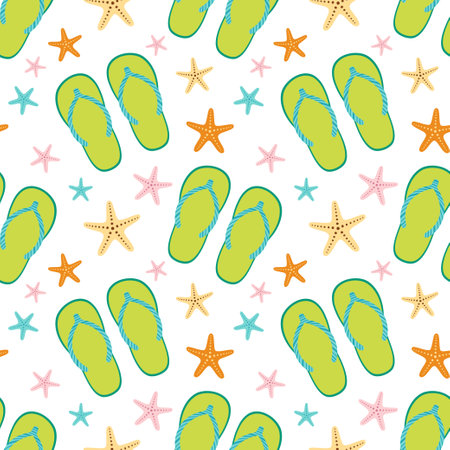 vector seamless pattern with flip-flops and starfish, summer beach accessories for recreation, colored simple print for web design, packaging, wallpaper, textiles, postcards, marketingのイラスト素材