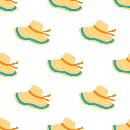 modern summer seamless pattern with resort elements, cartoon print with colored beach hat isolated on white backgroundのイラスト素材