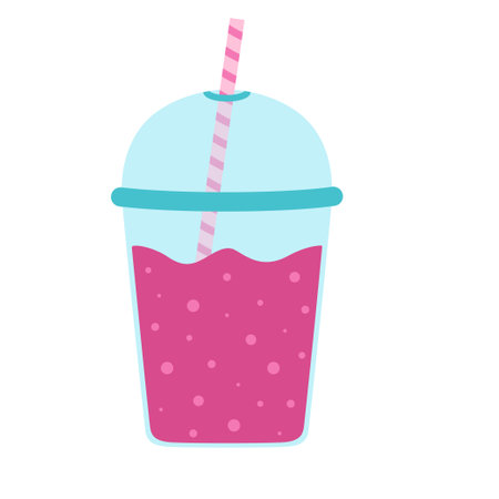 flat vector illustration of smoothie, lemonade, bubble tea or milkshake isolated on white, cold drink in plastic cup, cartoon styleのイラスト素材
