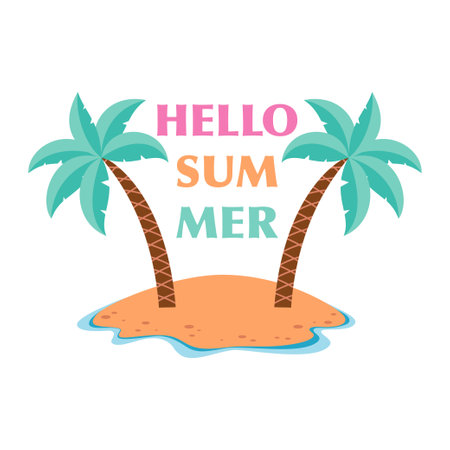 hello summer card with cartoon island palm and lettering, decor elements, summer colorful...