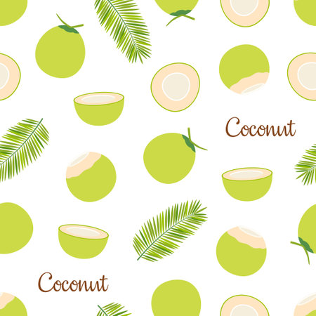 coconuts background, seamless vector pattern with whole, halves and slice of coconut and green palm leaves, cartoon flat illustrationのイラスト素材