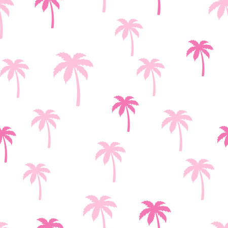 palm trees seamless pattern, cute colored background with pink coconut palm trees on white, vector illustration in flat styleのイラスト素材