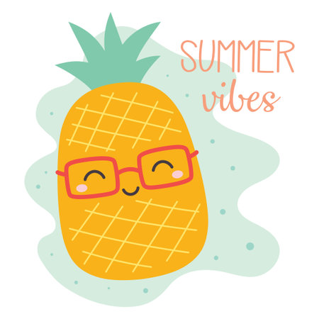summer vibes poster with pineapple fruit and lettering summer vibes, cartoon background, flat vector illustrationのイラスト素材