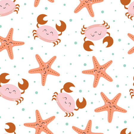 seamless marine pattern with cute crab, sea life vector illustration, colorful childish simple flat print with crab and starfish on white backgroundのイラスト素材