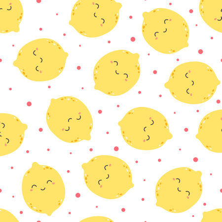 cartoon summer seamless pattern with cute lemon, funny wallpaper with citrus fruit, simple fashion vector textile printのイラスト素材