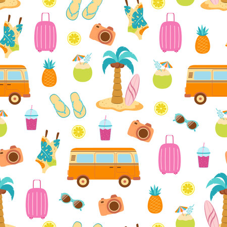 seamless vector pattern with hippie van on white background, retro summer wallpaper with car, palm tree and different beach elements in flat styleのイラスト素材