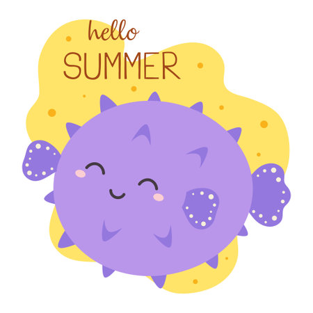 cute pufferfish or globefish with thorns, cartoon vector illustration with round pfuffer fish or blowfish character, childish colored flat printのイラスト素材