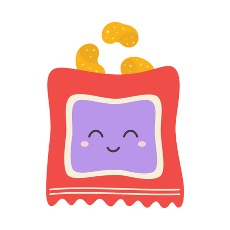 cute happy smiling chips pack, vector cartoon character illustration isolated on white background, funny potato chip bag, kids poster conceptのイラスト素材